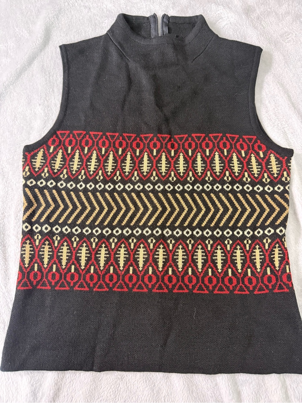 Kasper & Company Sleeveless Knit Top with Geometric Fair Isle Band - Black/Red